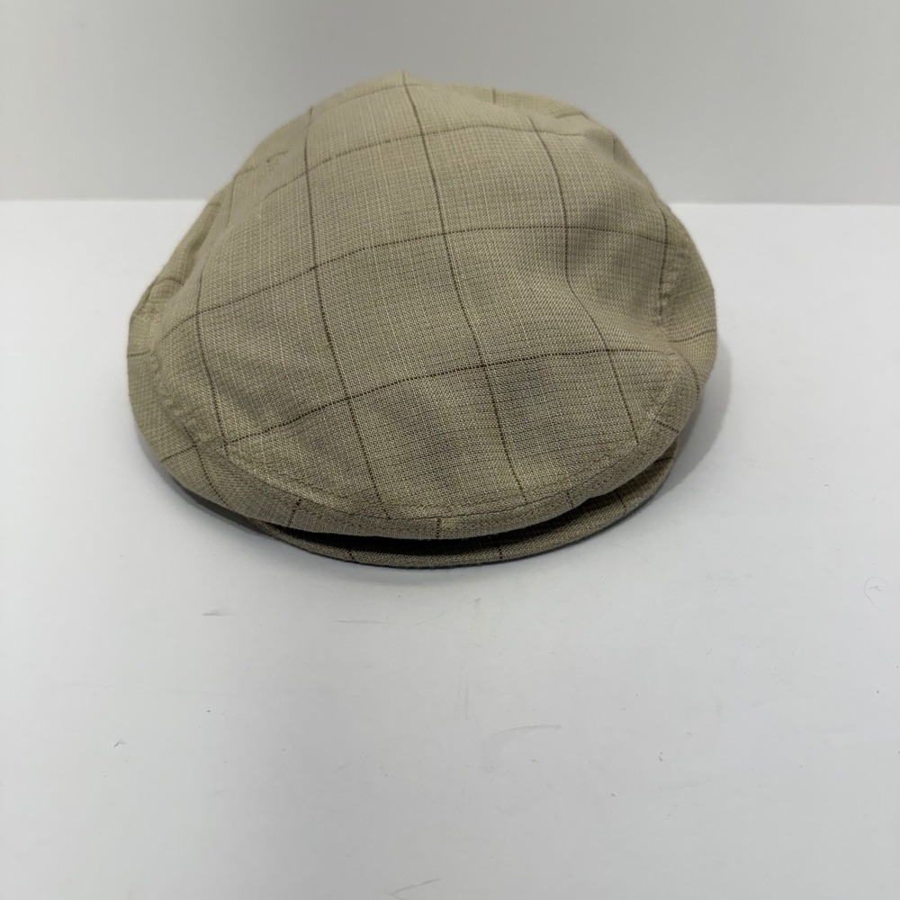 Tempo Men Flat Cap Newsboy Hat Size L Tan Linen Blend Windowpane Plaid Snap Brim